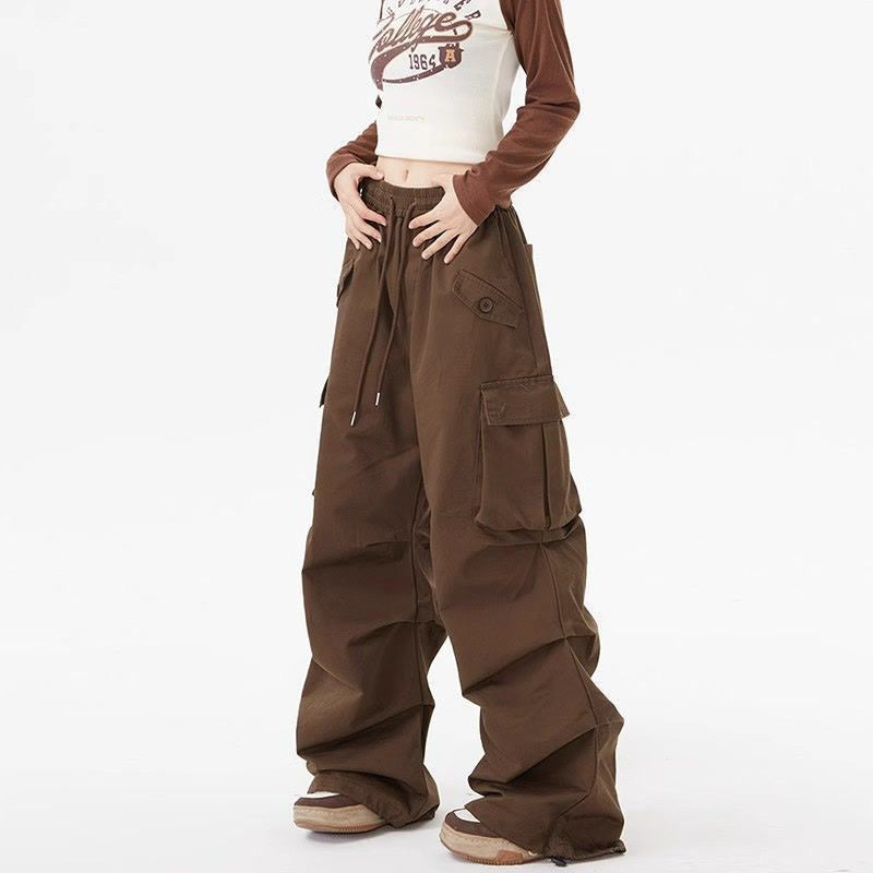 Fashion suit #Loose and versatile printed drawstring short sleeves with pleated layers and versatile American retro workwear