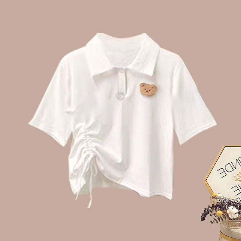 Fashion suit #Loose and versatile printed drawstring short sleeves with pleated layers and versatile American retro workwear