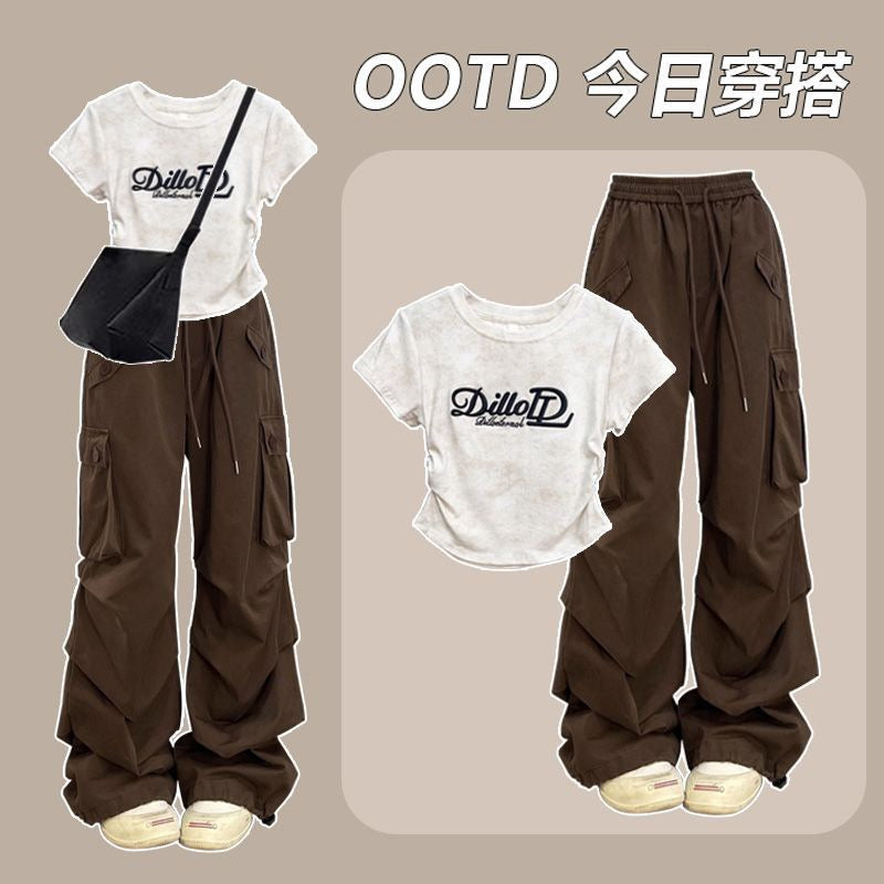 Fashion suit # waist chic tie-dyed short-sleeved T-shirt slim fit top paired with versatile American retro overalls