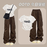 Fashion suit # waist chic tie-dyed short-sleeved T-shirt slim fit top paired with versatile American retro overalls