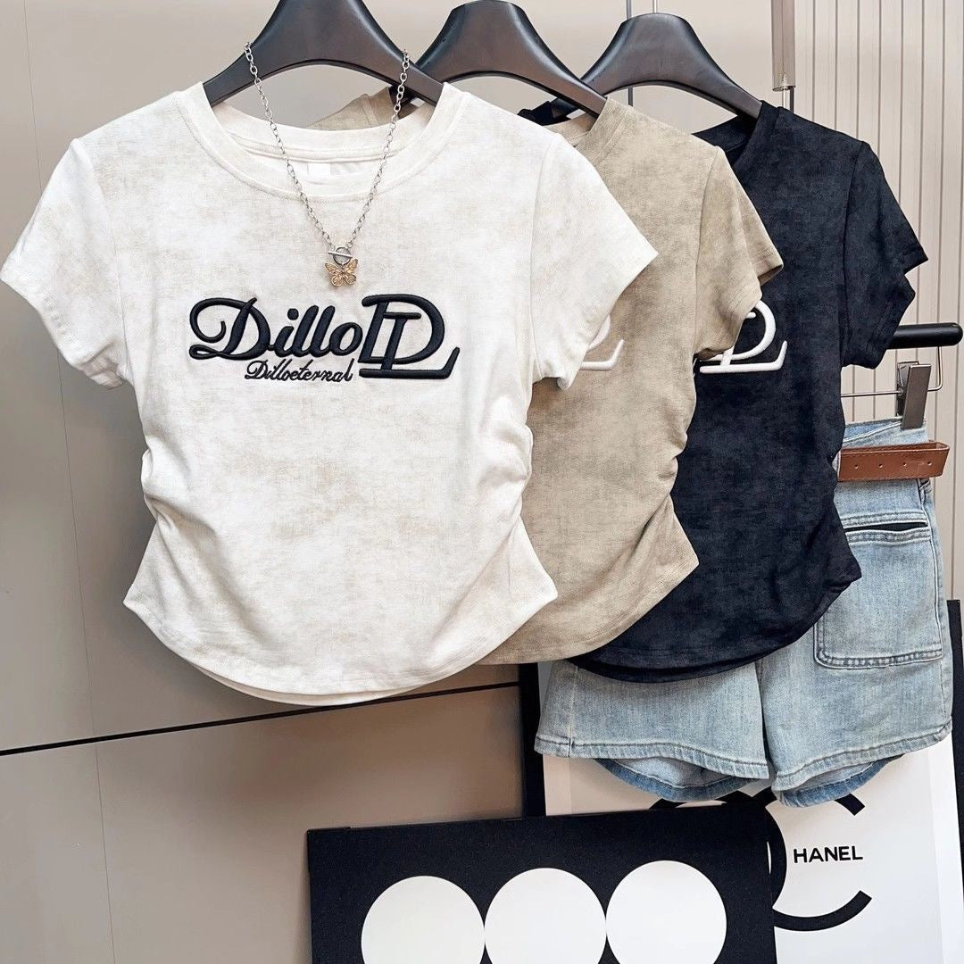 Fashion suit # waist chic tie-dyed short-sleeved T-shirt slim fit top paired with versatile American retro overalls