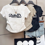 Fashion suit # waist chic tie-dyed short-sleeved T-shirt slim fit top paired with versatile American retro overalls