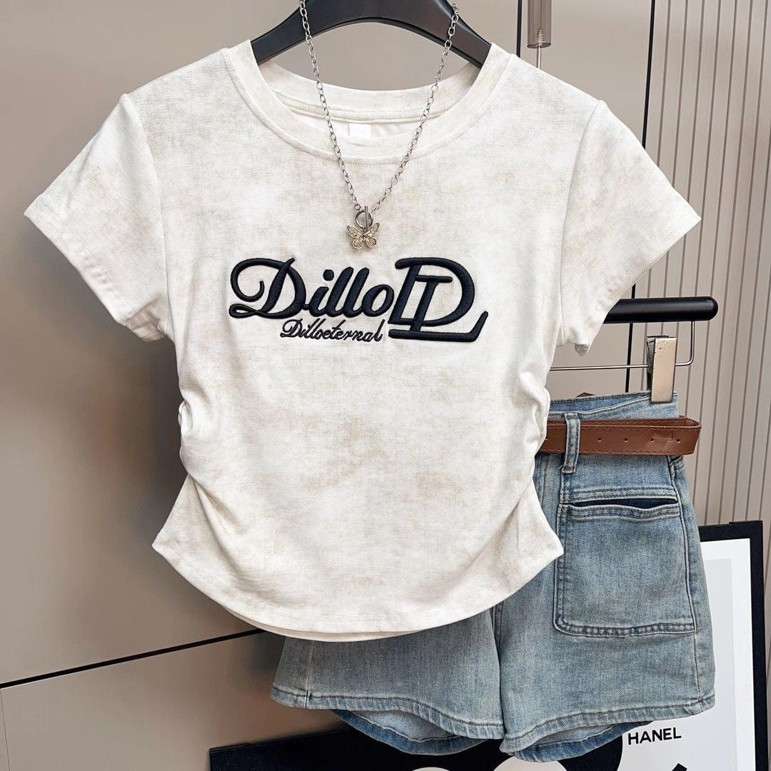 Fashion suit # waist chic tie-dyed short-sleeved T-shirt slim fit top paired with versatile American retro overalls