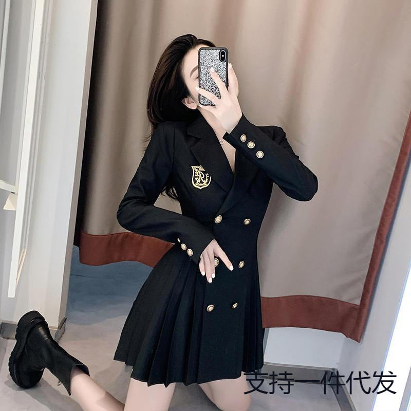 Autumn wear small design sense college style suit dress female spring and autumn temperament waist pleated skirt suit skirt YA