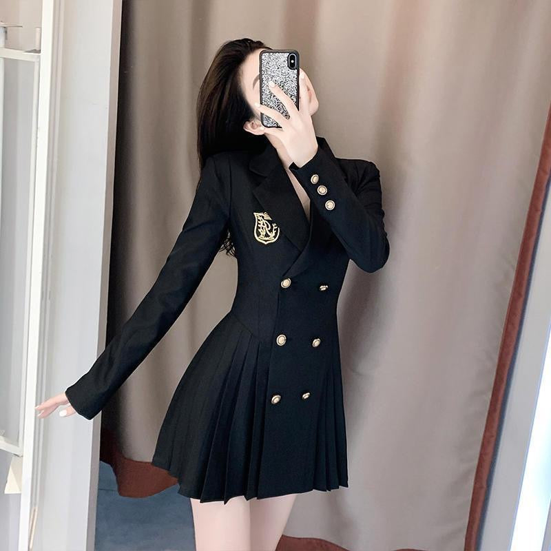 Autumn wear small design sense college style suit dress female spring and autumn temperament waist pleated skirt suit skirt YA