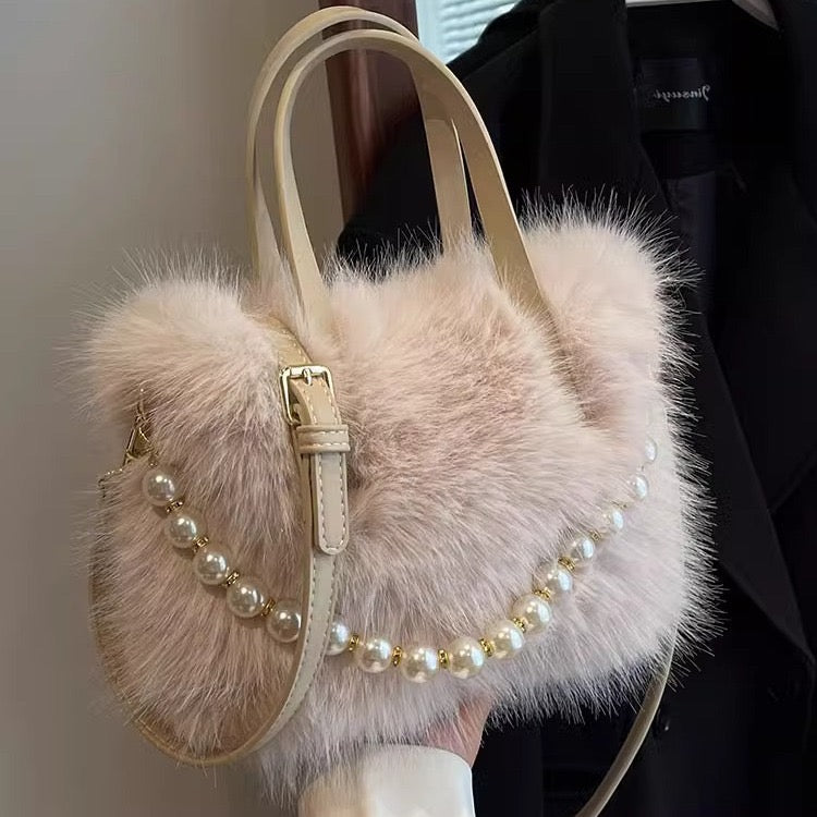 Furry handbag 2024 new fashion pearl furry small square bag spring and summer texture ladies messenger bag