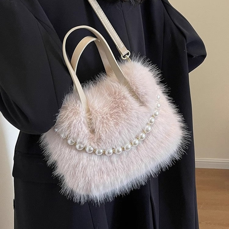 Furry handbag 2024 new fashion pearl furry small square bag spring and summer texture ladies messenger bag