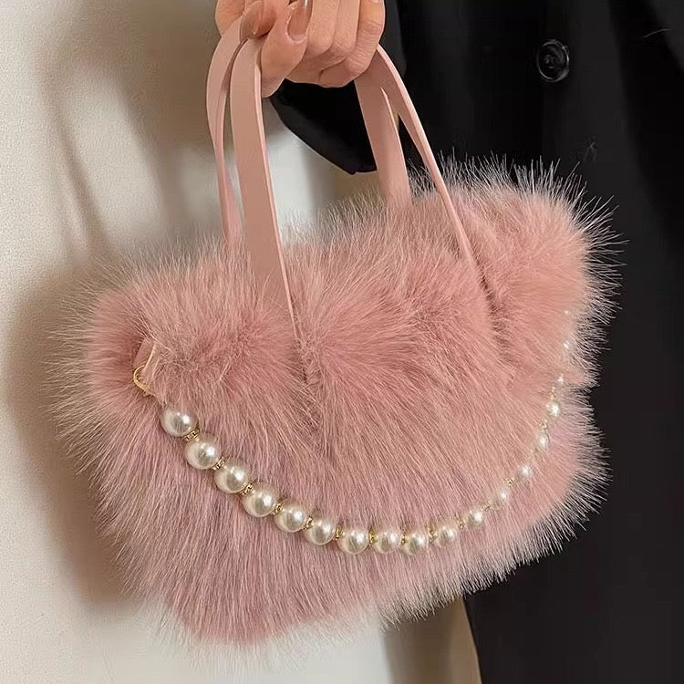 Furry handbag 2024 new fashion pearl furry small square bag spring and summer texture ladies messenger bag