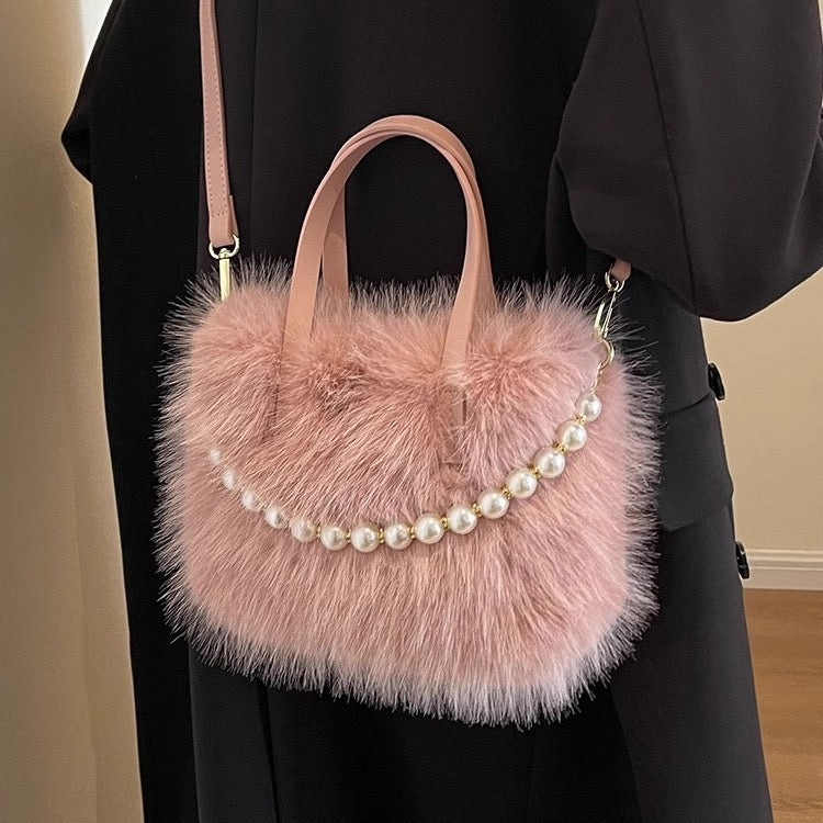 Furry handbag 2024 new fashion pearl furry small square bag spring and summer texture ladies messenger bag