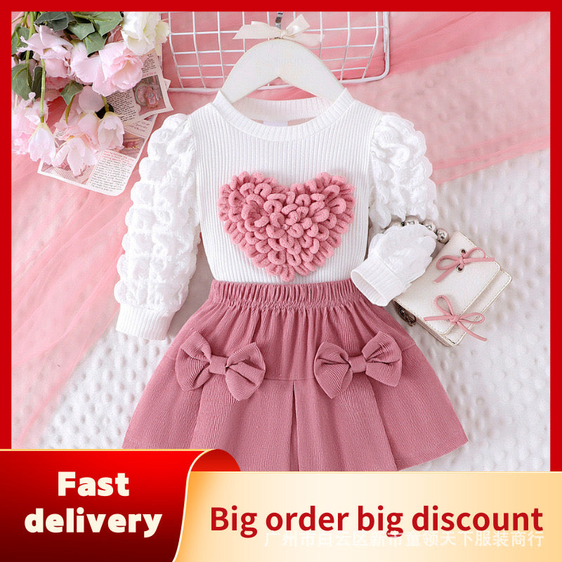 Children's clothing New Girls Sweater Heart Top + Pink Flared Pants Two-piece Set