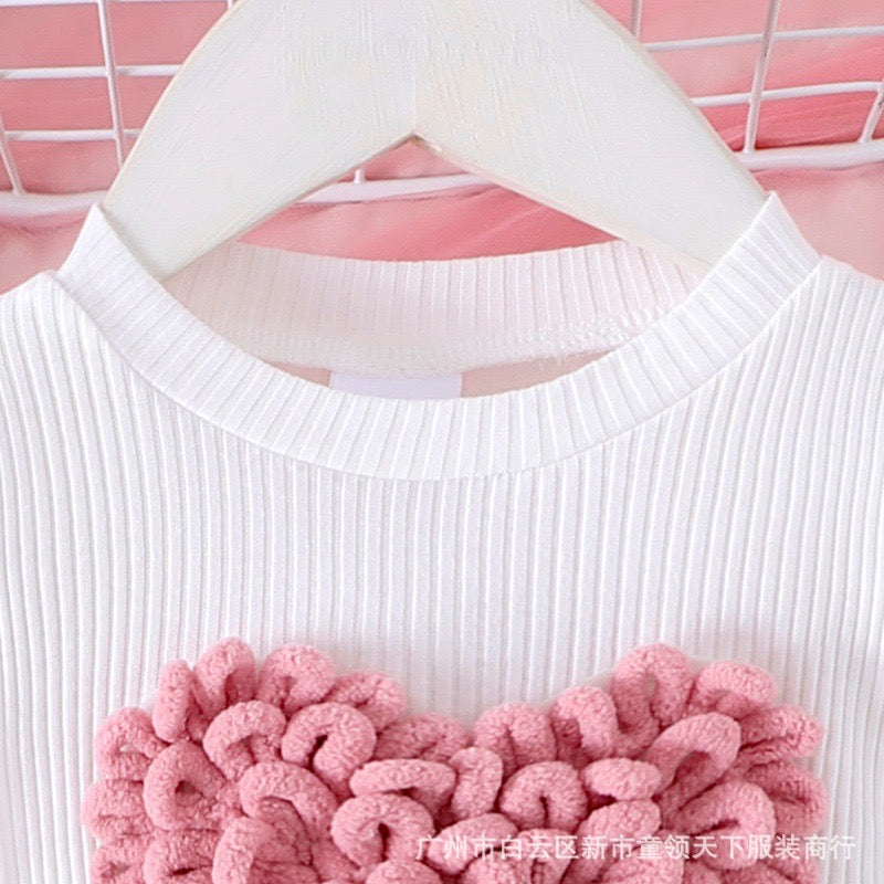 Children's clothing New Girls Sweater Heart Top + Pink Flared Pants Two-piece Set