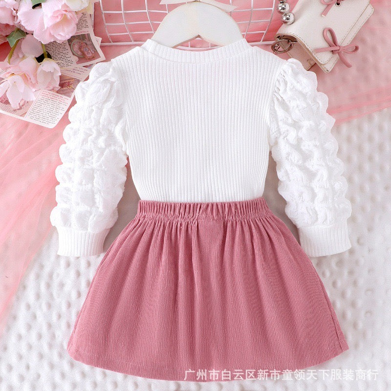 Children's clothing New Girls Sweater Heart Top + Pink Flared Pants Two-piece Set