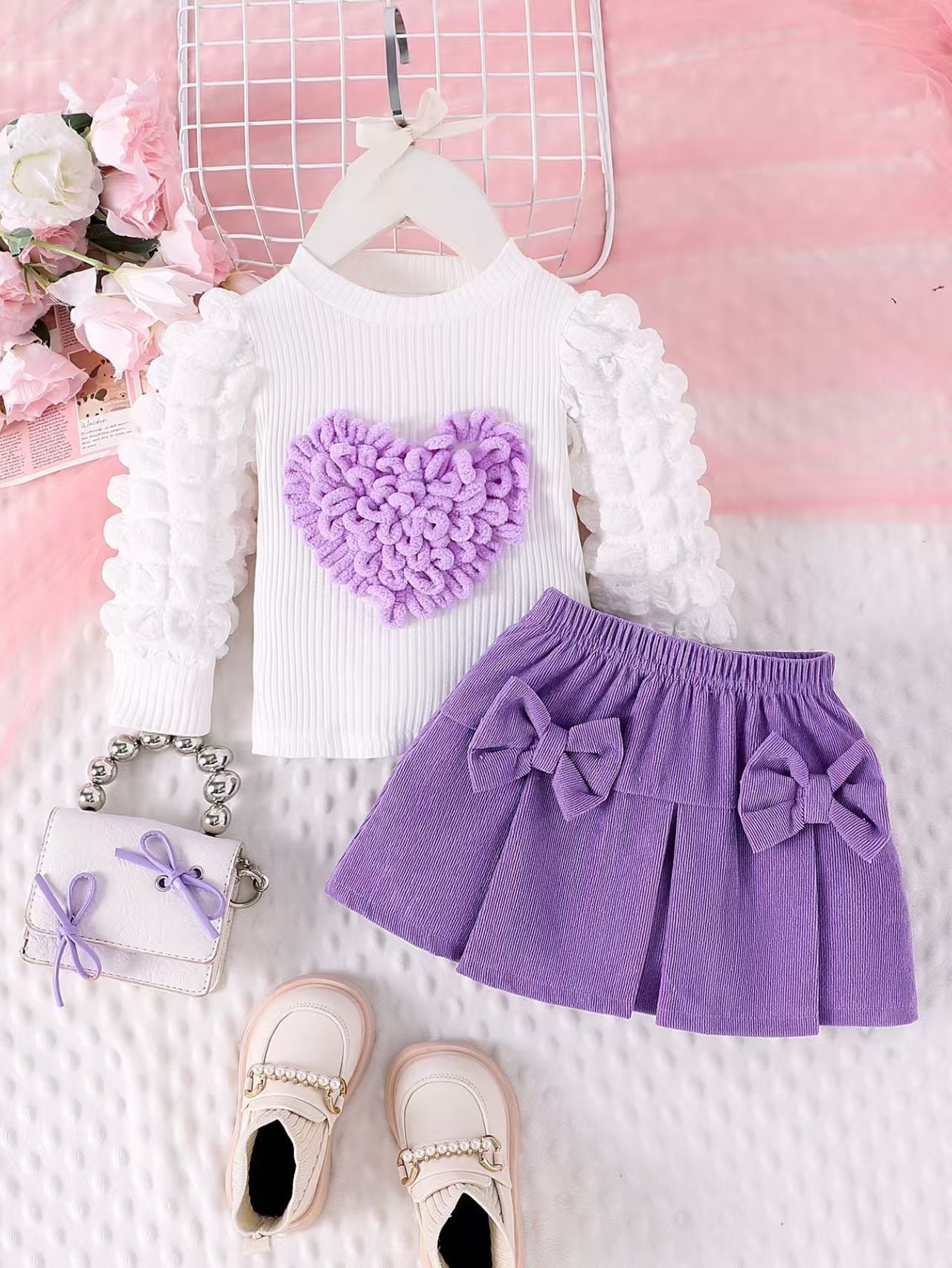 Children's clothing New Girls Sweater Heart Top + Pink Flared Pants Two-piece Set