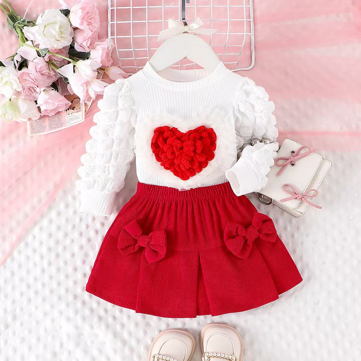 Children's clothing New Girls Sweater Heart Top + Pink Flared Pants Two-piece Set