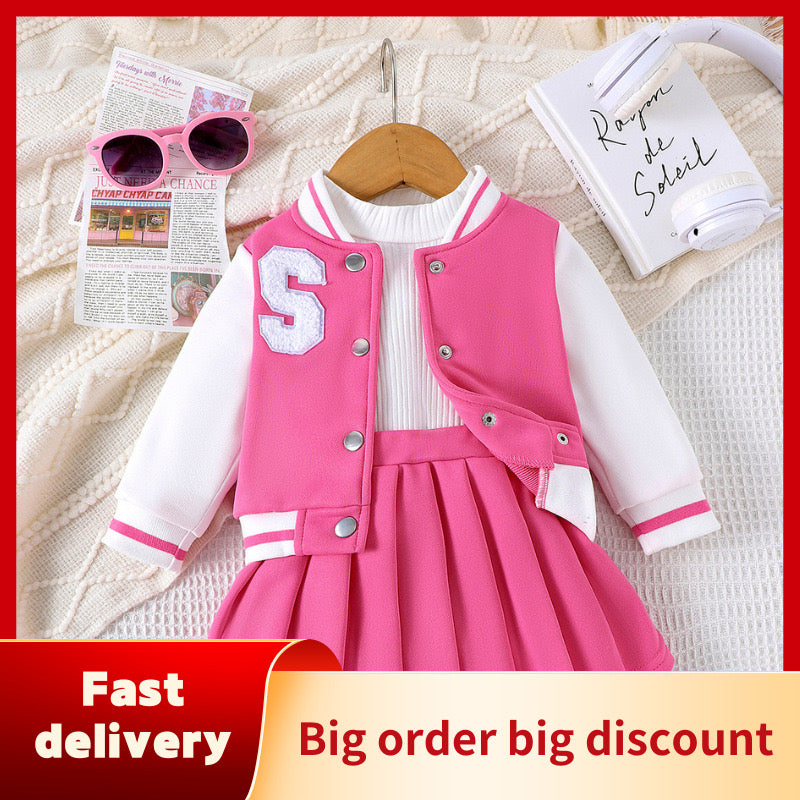 children's clothing pink and white jacket + pleated skirt new baseball jacket