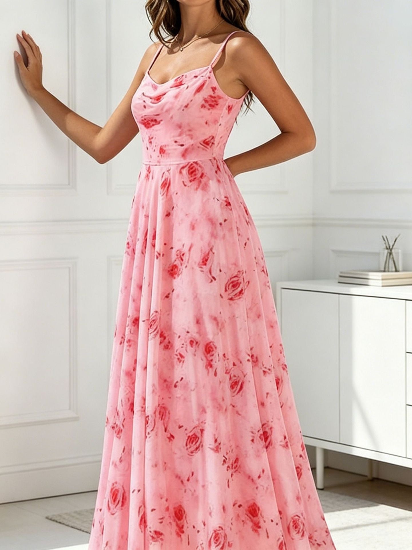2026 Summer New Cross-Border European and American Amazon Women's Fashion Swing-Neck Strap Print Chiffon Flared Waist-Cinching Dress