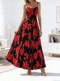 2026 Summer New Cross-Border European and American Amazon Women's Fashion Swing-Neck Strap Print Chiffon Flared Waist-Cinching Dress