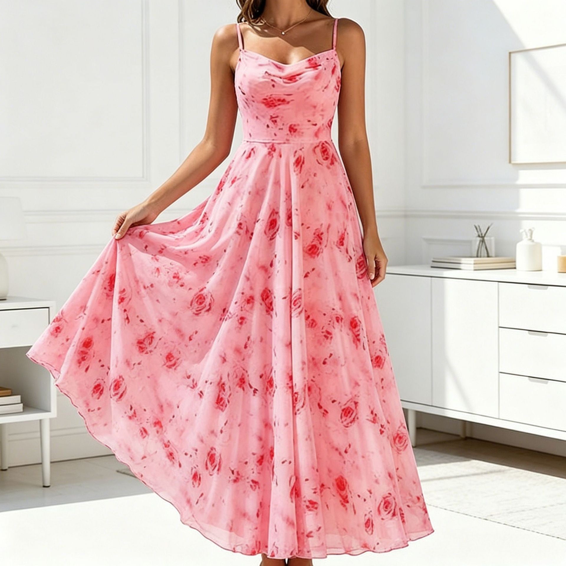 2026 Summer New Cross-Border European and American Amazon Women's Fashion Swing-Neck Strap Print Chiffon Flared Waist-Cinching Dress