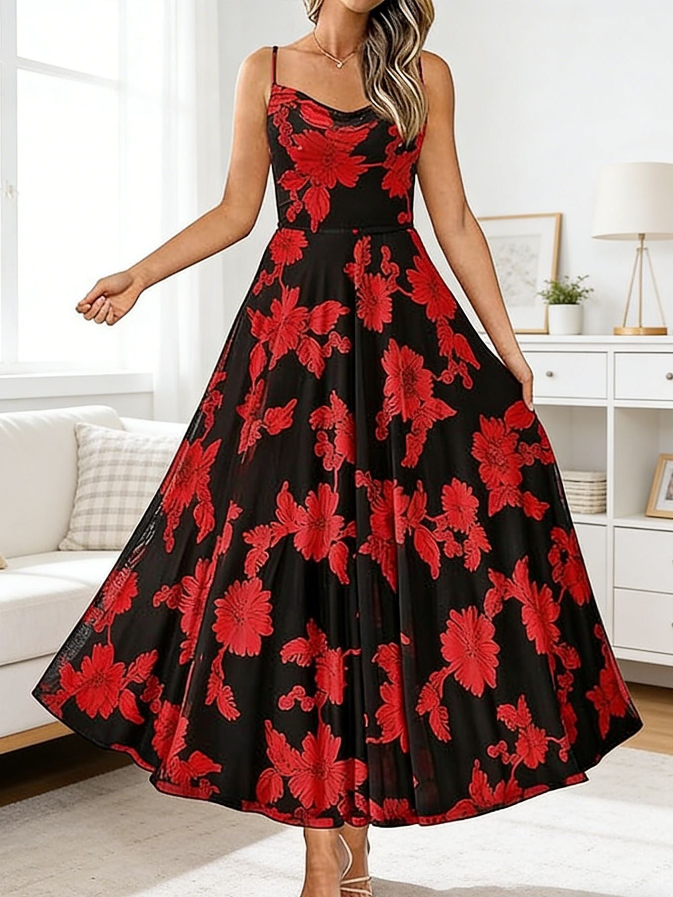 2026 Summer New Cross-Border European and American Amazon Women's Fashion Swing-Neck Strap Print Chiffon Flared Waist-Cinching Dress