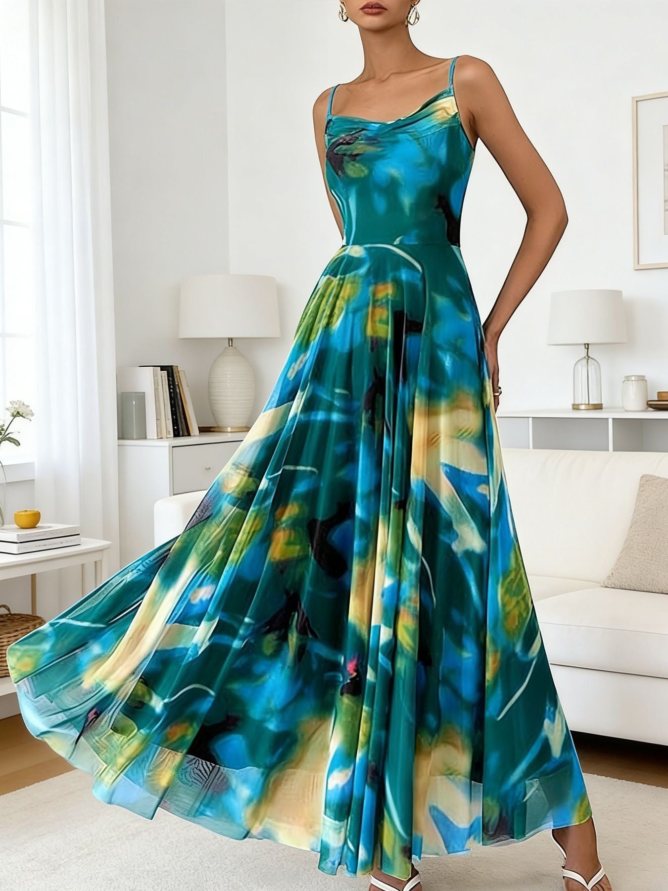 2026 Summer New Cross-Border European and American Amazon Women's Fashion Swing-Neck Strap Print Chiffon Flared Waist-Cinching Dress