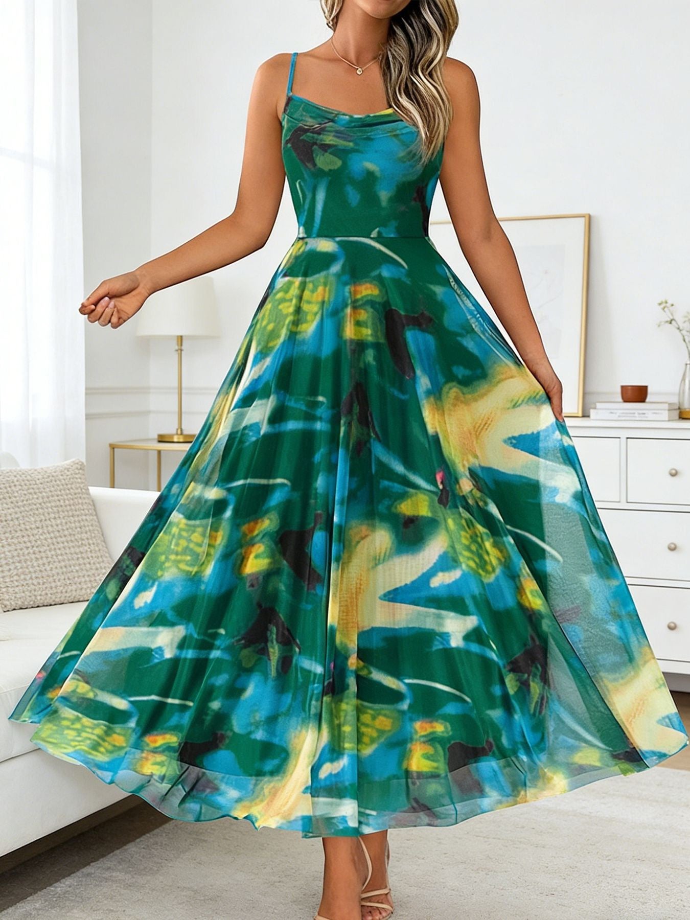 2026 Summer New Cross-Border European and American Amazon Women's Fashion Swing-Neck Strap Print Chiffon Flared Waist-Cinching Dress