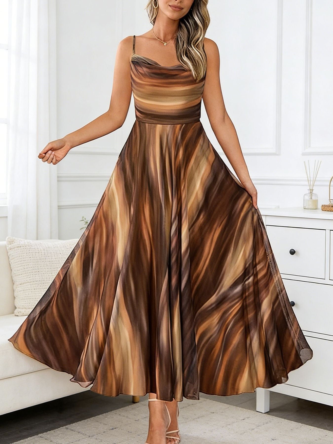 2026 Summer New Cross-Border European and American Amazon Women's Fashion Swing-Neck Strap Print Chiffon Flared Waist-Cinching Dress