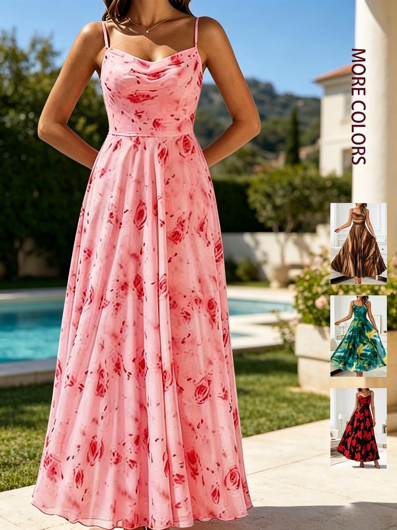2026 Summer New Cross-Border European and American Amazon Women's Fashion Swing-Neck Strap Print Chiffon Flared Waist-Cinching Dress