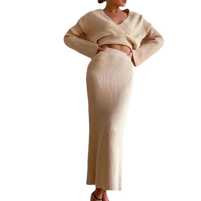 European and American 2025 New Aliexpress Long-Sleeved V Neck Casual Three-Quarter Sweater + Mid-Length Skirt for Women Suit