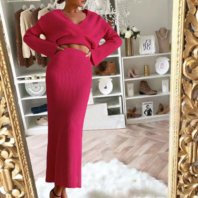 European and American 2025 New Aliexpress Long-Sleeved V Neck Casual Three-Quarter Sweater + Mid-Length Skirt for Women Suit