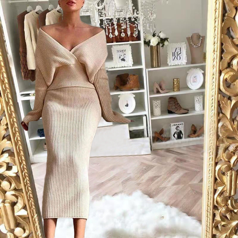 European and American 2025 New Aliexpress Long-Sleeved V Neck Casual Three-Quarter Sweater + Mid-Length Skirt for Women Suit