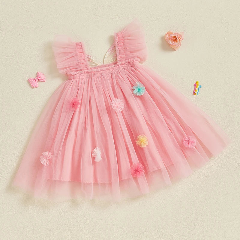 Toddler Kids Girls Princess Dress Sleeveless Sweet 3D Flower Design Tulle Tutu Dress Summer Birthday Party Pageant Dress