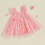 Toddler Kids Girls Princess Dress Sleeveless Sweet 3D Flower Design Tulle Tutu Dress Summer Birthday Party Pageant Dress