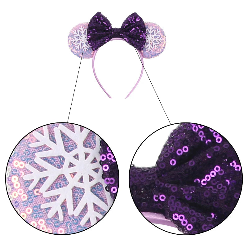 Christmas Disney Mickey Mouse Headbands Sequin Ear Headband Sequin Snowflake Bow for Adults Women Party Hairbands Girls Kids Gif