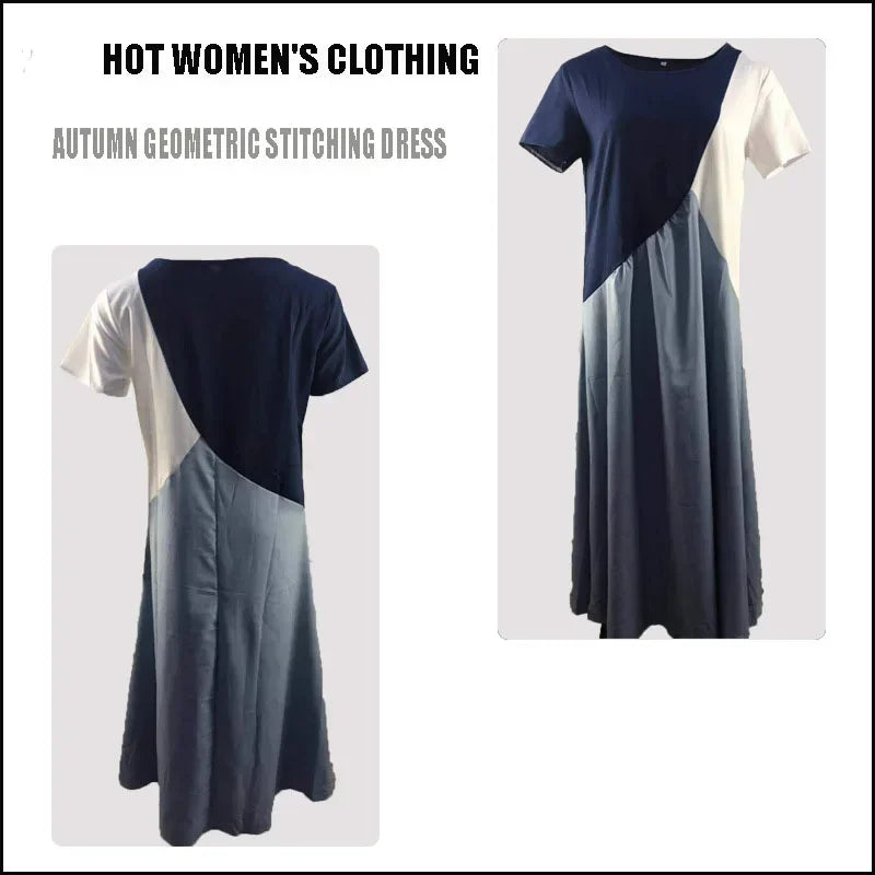 Women Bohemian Geometric Stitching Patchwork Contrast Short-sleeve Boho Dress Casual Long Maxi Beach Dresses Large Size