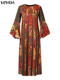 Plus Size 5XL VONDA Oversized Vintage Printed Sundress Women Bohemian Maxi Dress 2024 Long Flare Sleeve Party Casual Loose Robe