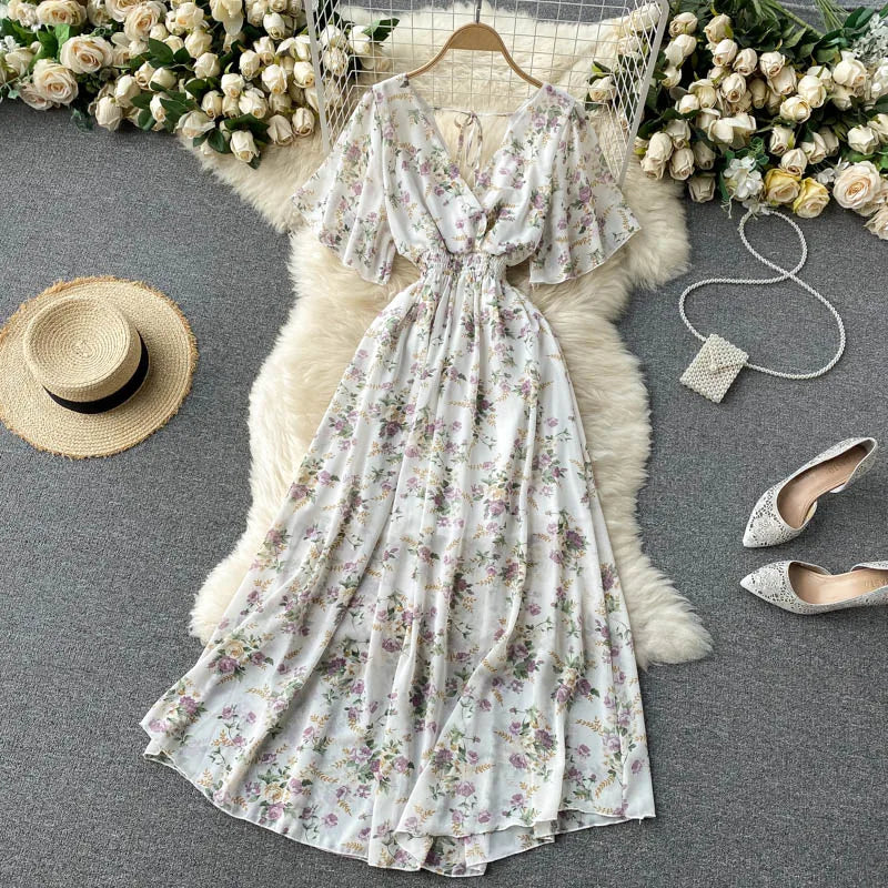 Retro Floral Print Ruffle Chiffon Elegant Midi Dress A-line V Neck Beach Vacation Dress Women Korean Fashion Summer Vestidos