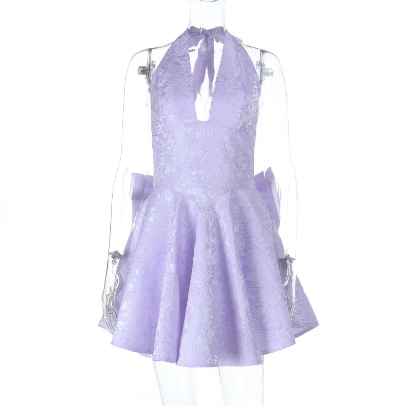 Halter Jacquard Backless Bow Short Summer Dress Woman Sexy A-line Pink Mini Dresses Y2K Evening Party New Birthday White Blue