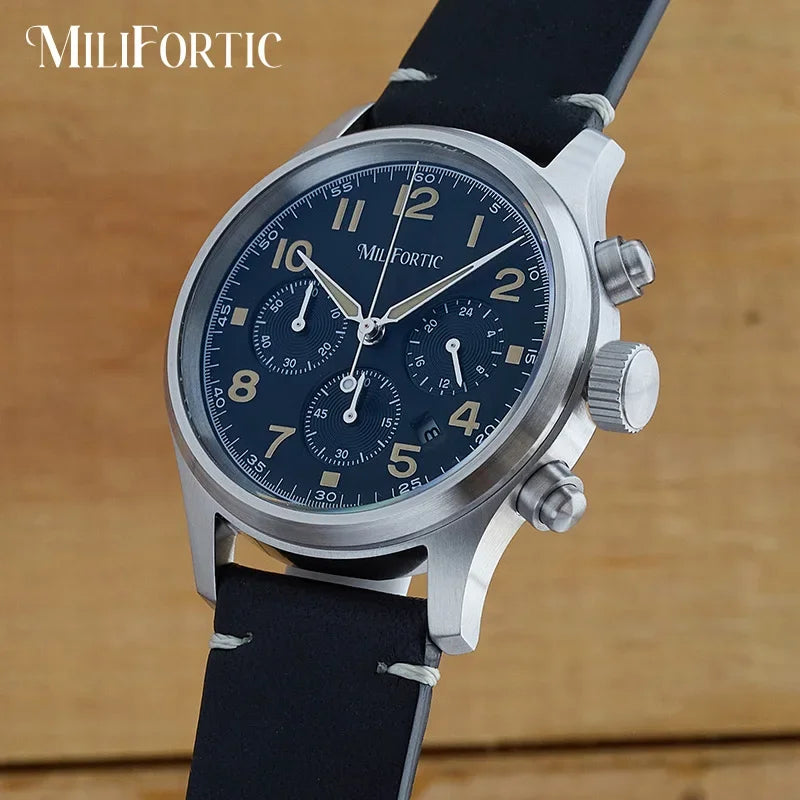 Milifortic Solar-powered Military Chronograph Watch Calendar 10ATM Sapphire Leather Luminou Stainless Steel Retro Quartz Watches