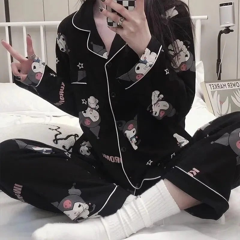 Women's Black Bottom Sweet Kurumi Pajamas Homewear Ladies Cartoon Long Sleeves Long Pants Lapel Cardigan Can Be Worn Outside Ms.