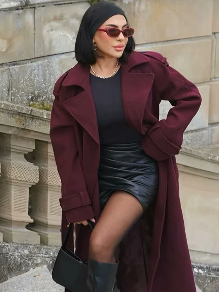 Elegant Faux Wool Long Coats With Belts 2024 Autumn Winter Women's Lapel Overcoat Chic Double Breasted Lady Jacket High Ste=reet