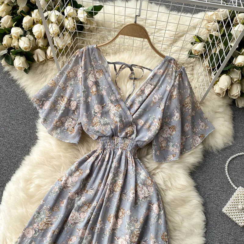 Retro Floral Print Ruffle Chiffon Elegant Midi Dress A-line V Neck Beach Vacation Dress Women Korean Fashion Summer Vestidos