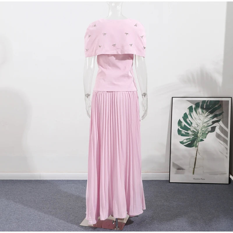 Elegant Shawl Pleated Top Long Skirt Women Set Sleeveless Tops Diamond Shawl High Waist Fashion Evening Skirts Summer Lady Suit
