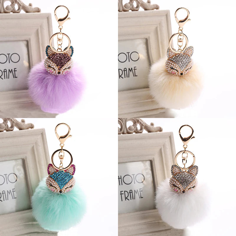 1PC Crystal Faux Fox Fur Keychain Fox Fur Head Pompoms Plush Ball Keychain Rhinestone Key Ring Trinket Women Bag Pendant Decor