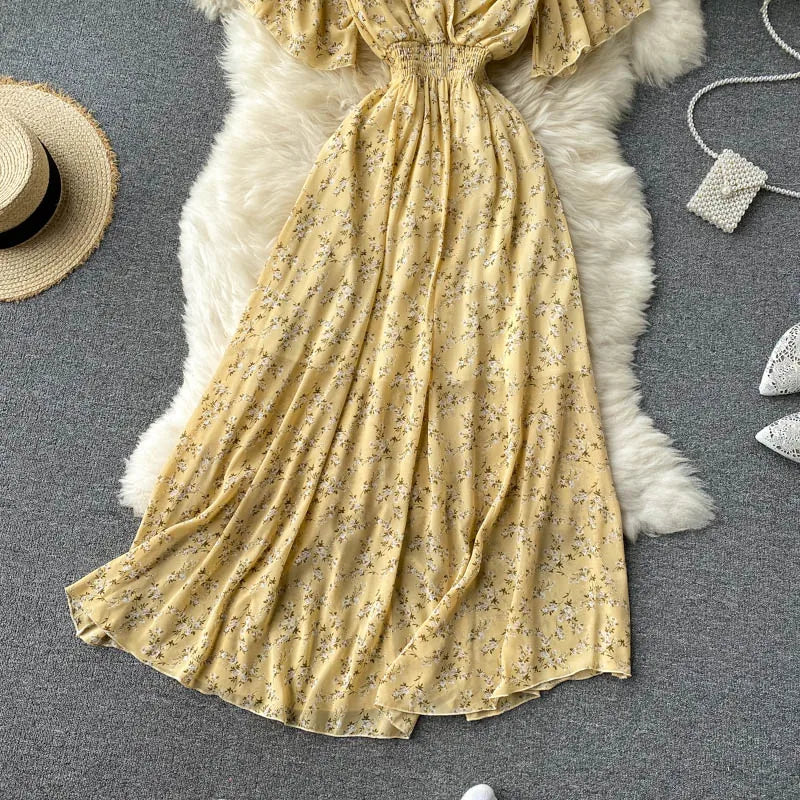 Retro Floral Print Ruffle Chiffon Elegant Midi Dress A-line V Neck Beach Vacation Dress Women Korean Fashion Summer Vestidos