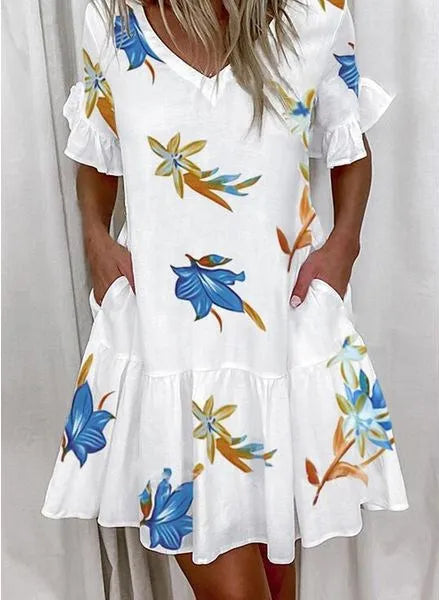 Women Summer Dress Casual V Neck Short Sleeve Butterfly Sleeve Floral Leaf Letter Print Mini Dresses Vestidos YSX9032