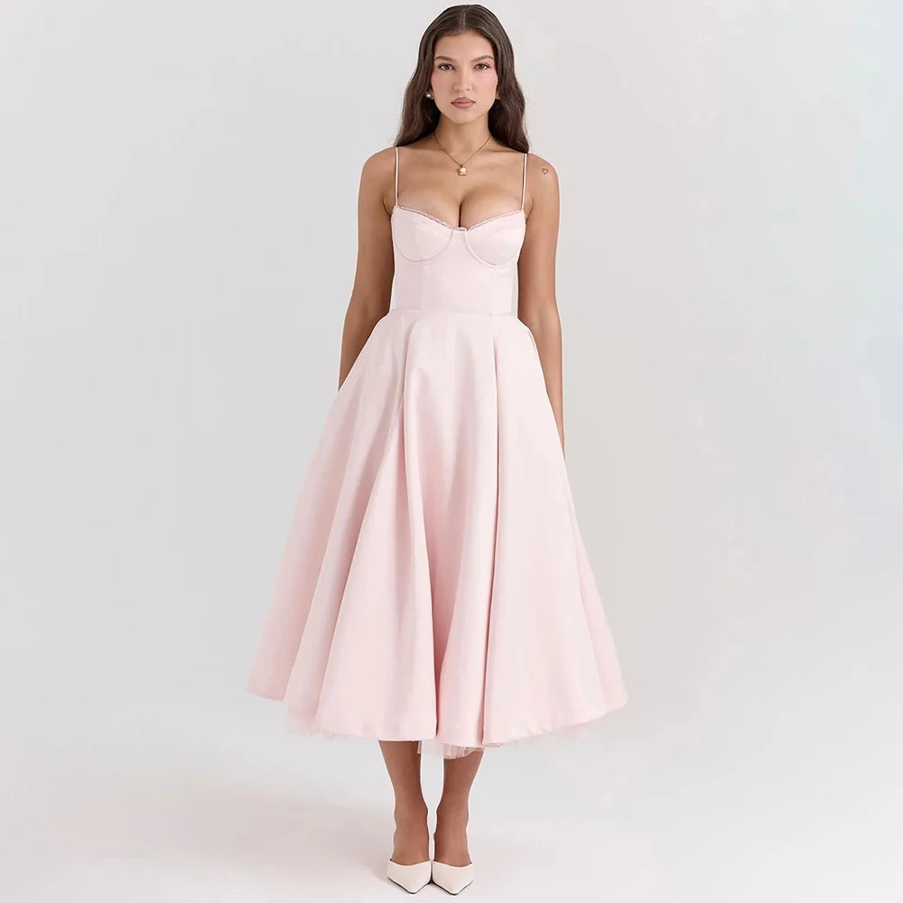 Women's Casual Spaghetti Strap A Line Flowy Midi Dresses Party Evening Gown Backless Elegant Wedding Guest Dress with Pockets