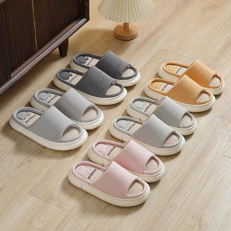 Couples Home Linen Slippers Women Indoor Soft Comfortable Bedroom Slides Men Leisure Non Slip House Shoes Platform Cotton Flats