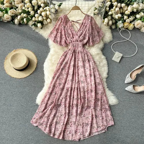 Retro Floral Print Ruffle Chiffon Elegant Midi Dress A-line V Neck Beach Vacation Dress Women Korean Fashion Summer Vestidos