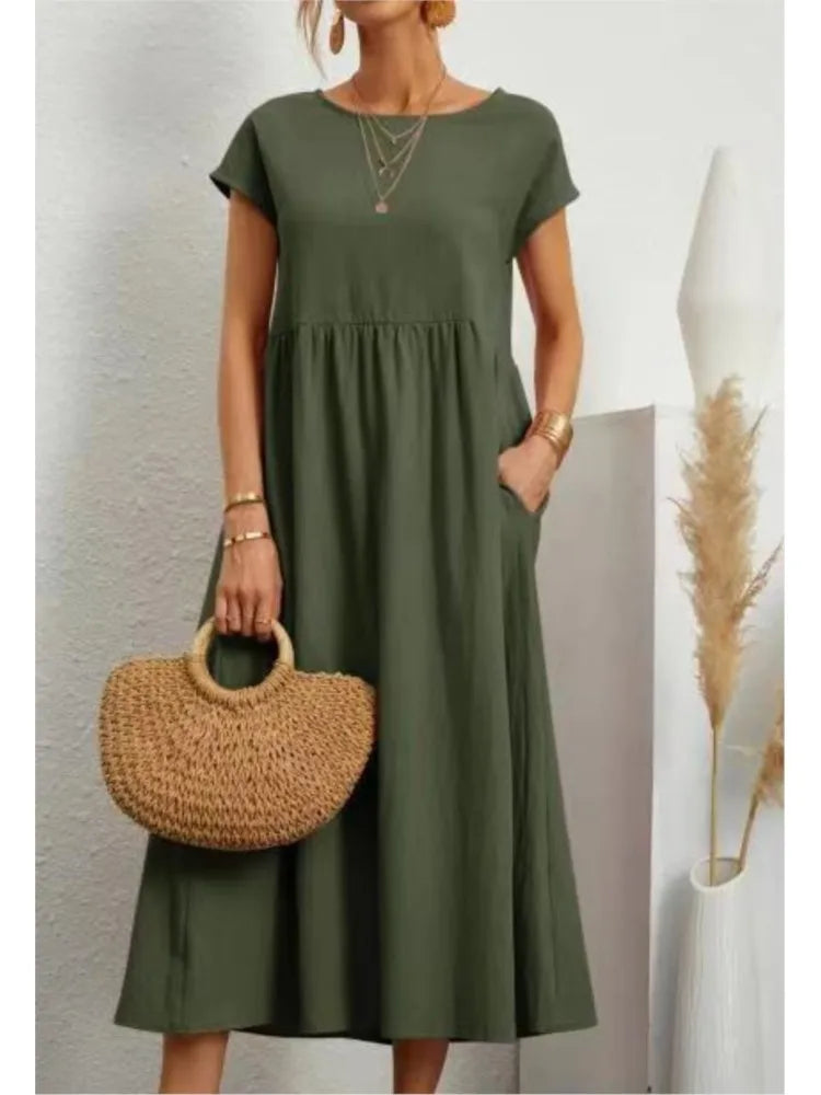 Women's Casual White Short Sleeve Midi Dress Summer Round Neck Cotton And Linen Vintage Loose Long Dresses With Pockets Y2K