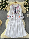 2025 New Spring Autumn Vacation Retro Ethnic Embroidery Dress Lantern Long Sleeve Waist Bohemian Dress A157